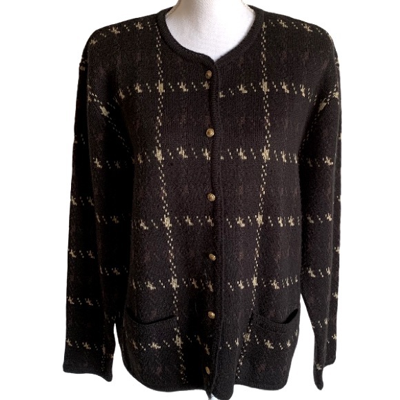 VINTAGE CARDIGAN SWEATER GOLD TONE BUTTON FRONT BLACK PATTERN SIZE XL - Picture 7 of 8
